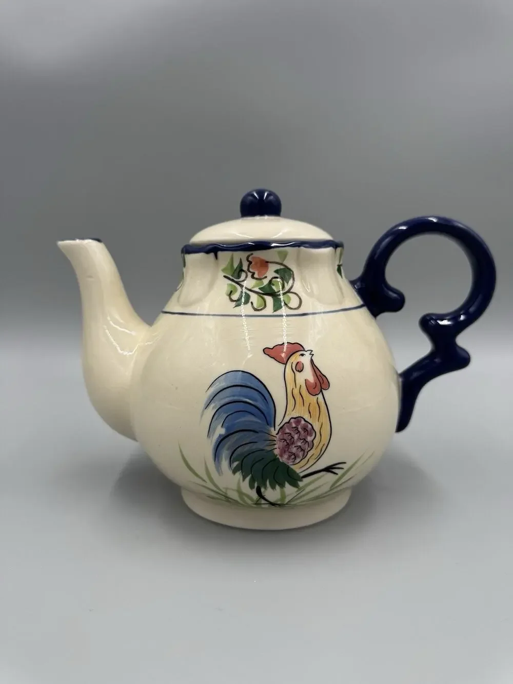 Crackle Barrel Rooster Teapot With Lid Blue Handle